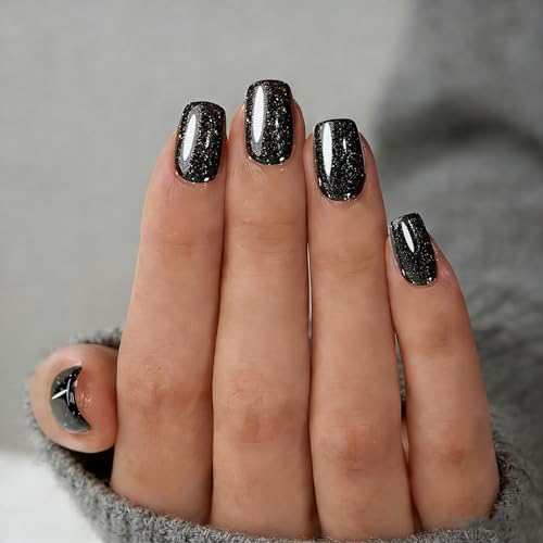 Rimudecure Short Square Press On Nails with Glitter & Protective Gel