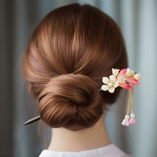 3 Pcs Vintage Chinese Wood Hair Sticks with Floral Accents for Updos