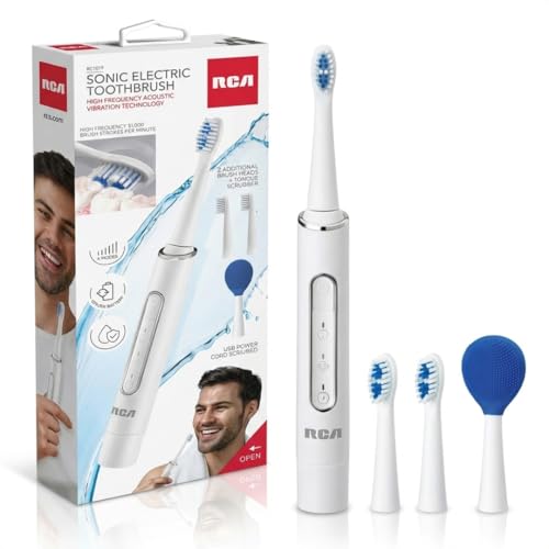RCA Sonic Electric Toothbrush for Adults - Rechargeable, 6 Modes, Waterproof, Includes 2 Brush Heads & Tongue Scraper