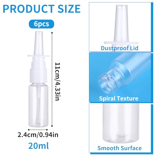 Simarro 6-Pack 20ml Reusable Nasal Spray Bottles with Fine Mist Nozzle