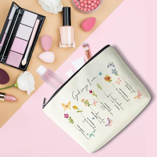 God Says I Am-02 Christian Makeup Bag Bible Verse Floral Butterfly Gift for Women