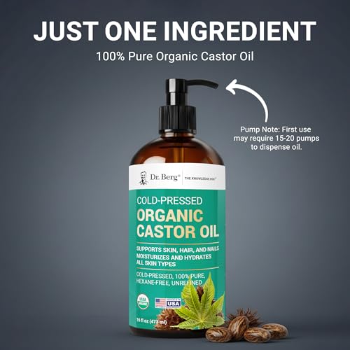 Dr. Berg Organic Castor Oil ? 16 fl oz Cold-Pressed Oil ? Pure, Unrefined, Single Ingredient ? Sourced in India, Bottled in USA ? Lab Tested, USDA Organic, Glass Bottle
