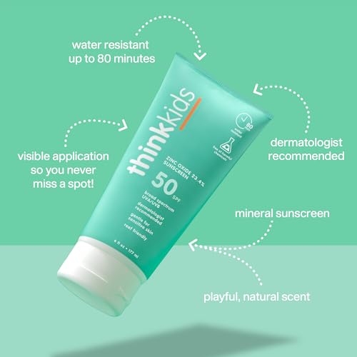 Thinkkids SPF 50+ Mineral Sunscreen, 6 Fl Oz ? Safe, Natural Baby Mineral Sunscreen for Children - Water Resistant Sun Cream ? Broad Spectrum UVA/UVB Sun Protection ? Reef Safe