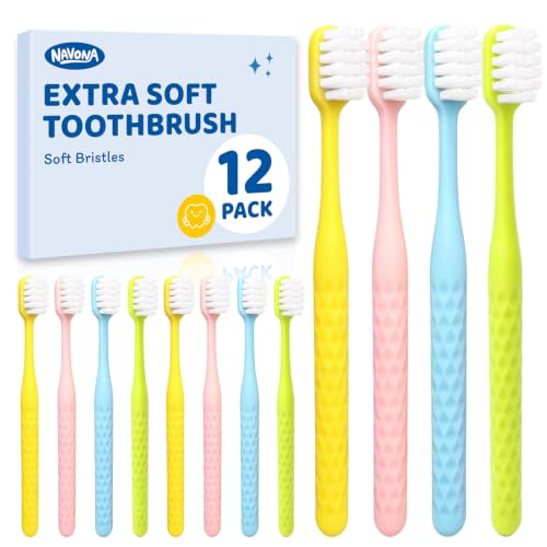 Navona 12 Pack Extra Soft Adult Toothbrushes - Soft Micro Tapered Bristle, Wide Head, Non-Slip Handle, Individually Wrapped - 12p-C Variation