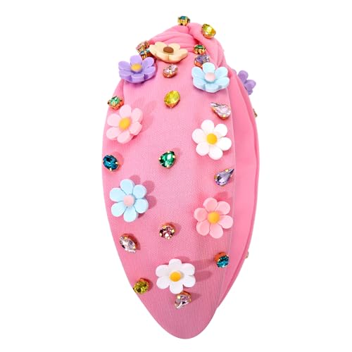 NVENF Pink Flower Headband - Crystal Rhinestone Knotted Summer Accessory