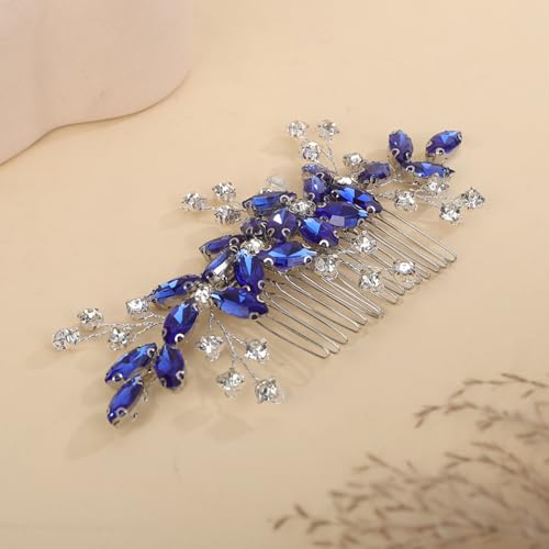 Teyglen Blue Crystal Flower Wedding Hair Comb Bridal Hair Accessory for Women