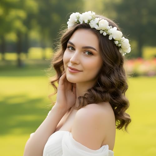 White Flower Crown Headband - Boho Rose Floral Hairpiece