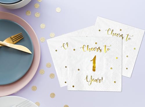 Cheers to 1 Year Cocktail Napkins - 50 Pack, 3-Ply, Eco-Friendly