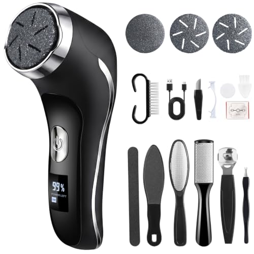 Wolady Rechargeable Electric Foot Callus Remover - Silver-Black, 2 Speed with Vacuum & 3 Roller Heads