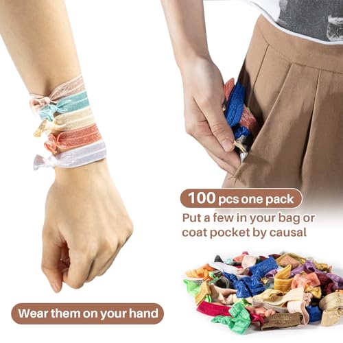 100 Pack Soft Ribbon Hair Ties for Women & Girls, No Crease Elastic Knotted Ponytail Holders