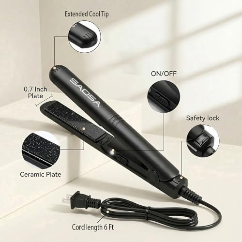 SAOSA Mini Flat Iron - 0.7 Inch Ceramic Hair Straightener, Black