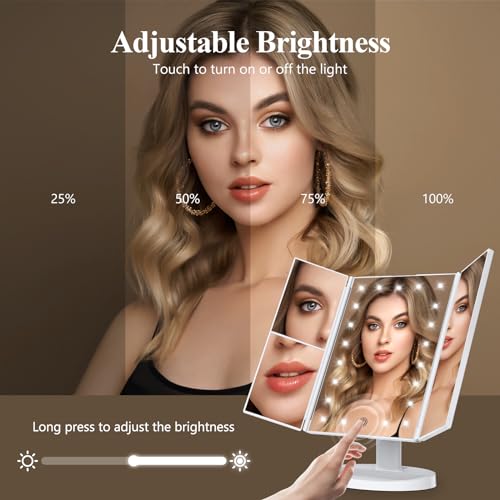 HUONUL Makeup Mirror, Vanity Mirror with Lights, 2X/3X/10X Magnification, Touch Control, Trifold, Dual Power Supply, Birthday Gifts for Women, Wife, Mom, Girls,Dorm Room Essentials
