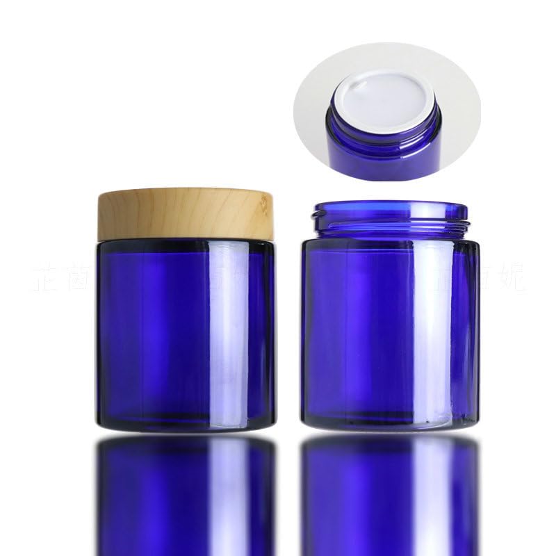 Blue Glass Cosmetic Jar Set 4 Pcs 100g Refillable Cream Containers with Wood Grain Lids