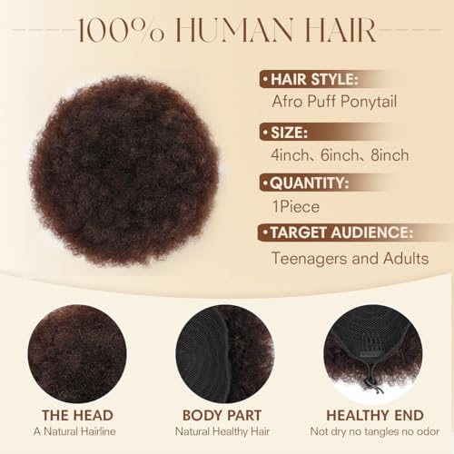 KISANOF Afro Puff Drawstring Ponytail #02 Dark Brown 6 Inch Kinky Curly Human Hair Extension