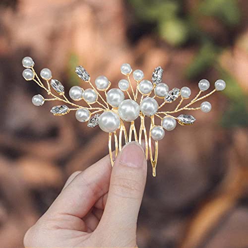 Gold Pearl Hair Comb with Rhinestones for Brides - T-Gold