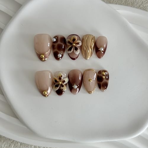Medium Almond Brown Acrylic Press On Nails with 3D Flowers - Reusable Kit