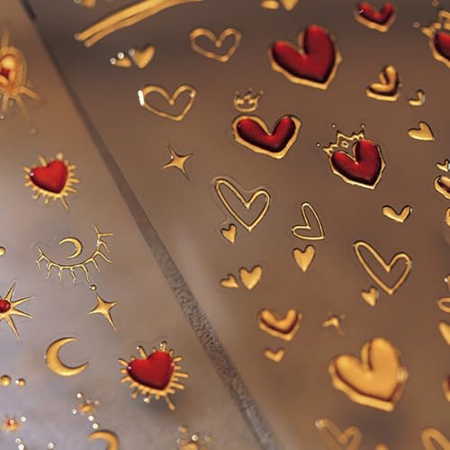 WBRRFJJ Valentine's Day 5D Heart Nail Art Stickers - Gold Pink & Moon Designs, Self-Adhesive DIY Nail Decals - Listing Variation 1