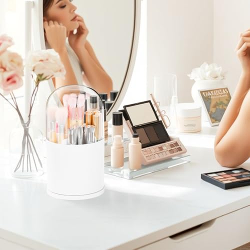 Yieach White Rotating Acrylic Makeup Brush Organizer with Lid, 6 Compartments, Vanity & Bathroom Storage