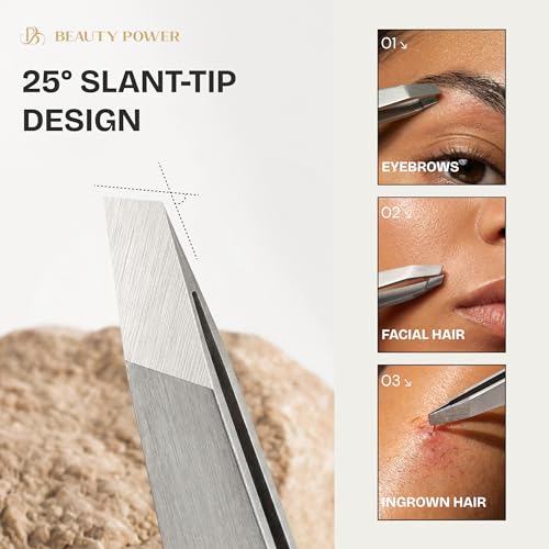 Beauty Power Professional Tweezers Set ? Slant & Point, Ultra Precision German Stainless Steel Tweezers for Eyebrows, Chin, Ingrown Hair & Facial Grooming ? Lightweight with Case - Gift Idea - Gray