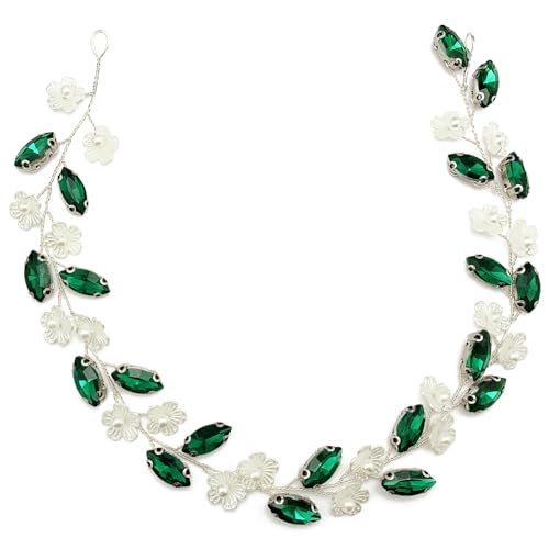 BETITETO Green Crystal Silver Vine Bridal Flower Hair Vine Headpiece for Wedding & Special Occasions