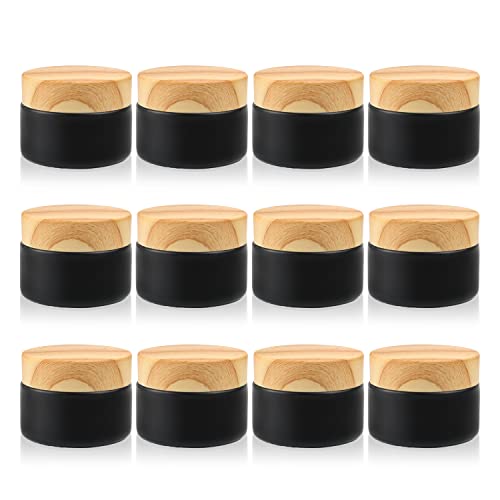 12 Pack 1 Oz Black Frosted Glass Cosmetic Jars with Wood Lids