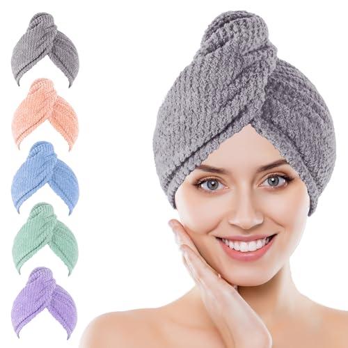5 Pack Microfiber Hair Drying Towels - Quick Dry & Anti-Frizz
