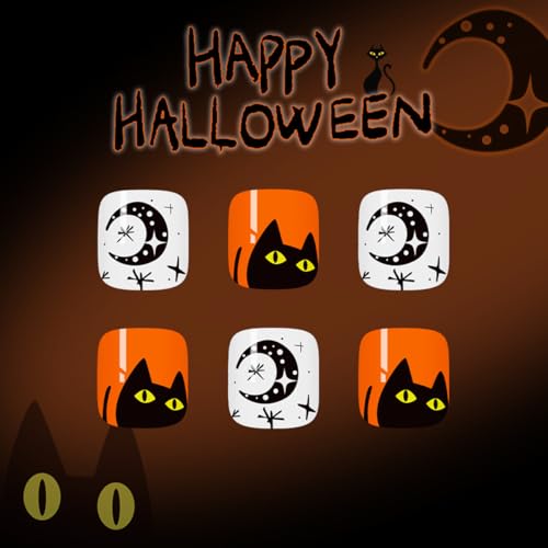 QUNQINLI Halloween Press On Toenails T10 Short Square Black White with Star Moon Cat Pumpkin Design, 24 Pcs