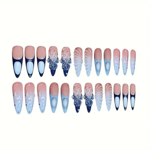 Sevgob Long Almond Press On Nails - Flower Charm Blue French Tips - Summer Fake Nails (4 Long Nails Variant)