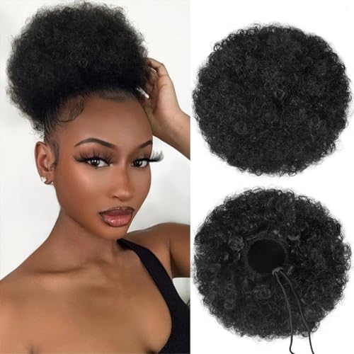 Quesdom Afro Puff Ponytail Extension Synthetic Black 80g Drawstring Clip-In for Black Women (1B Black)