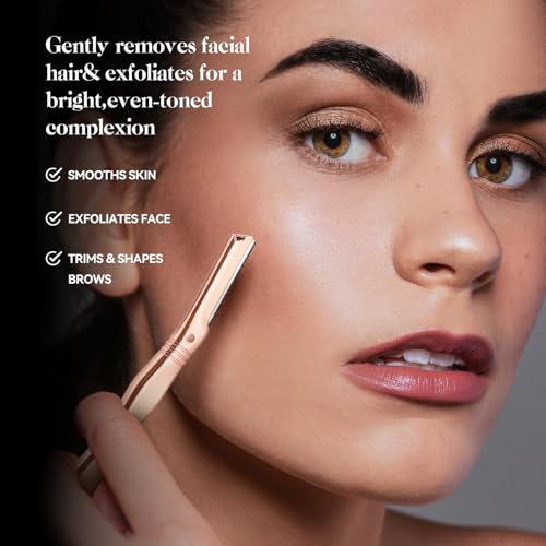 Eyebrow Razor for Women and Men, Face Razors for Women, Dermaplane Razor with Protective Silicone Cover, Reusable Metal Handle with 6 Refill Blades, Skin Care Tool - Rose Gold