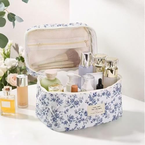 Blue Travel Quilted Makeup Bag with Bow - Cotton Cosmetic Organizer for Women & Girls