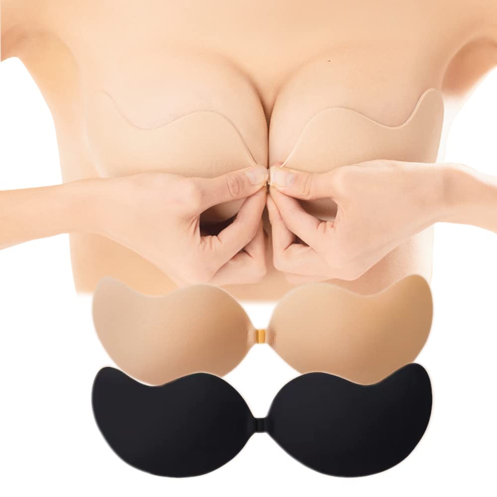 Sticky Bra, Backless Strapless Bra Push Up, Adhesive Invisible Lift Up Bras 2 Pairs,Skin&Black Color