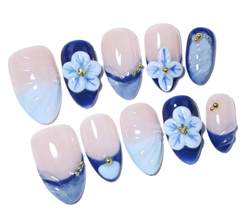 Handmade Short Almond Press-On Nails - 3D Floral Ocean Style (Size XS)