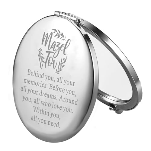 Mazel Tov Compact Mirror - Bat Mitzvah Gift for Girls, Silver