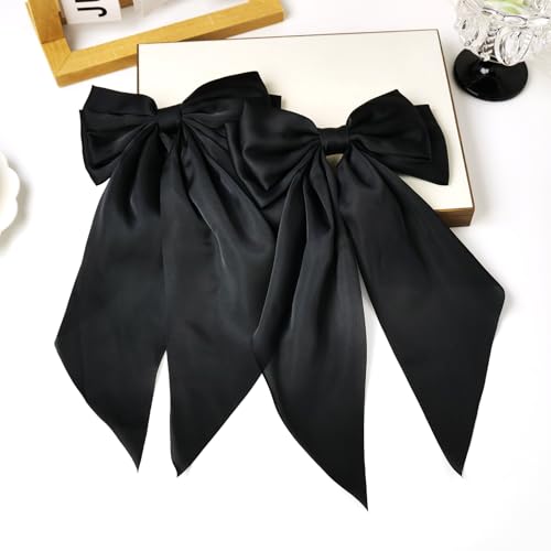 2-Pack Black Satin Hair Clips for Women & Girls – Long Tail Bow Alligator Barrettes