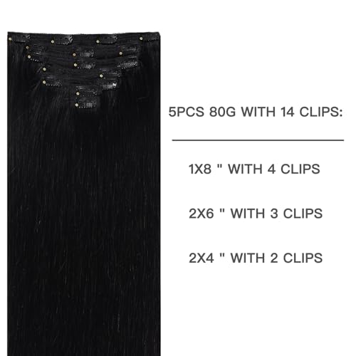 FUBILI Clip In Hair Extensions 12 Inch 80g 5pcs Natural Black Remy Hair
