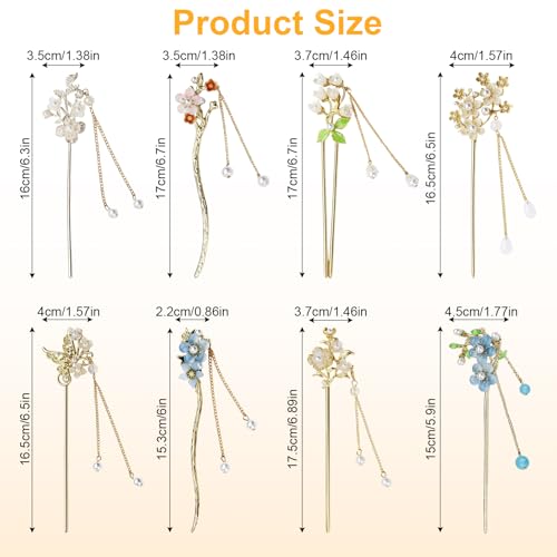 SyhirNmly 8 Gold Japanese & Chinese Hair Sticks with Butterfly Flower Design & Pearl Tassels