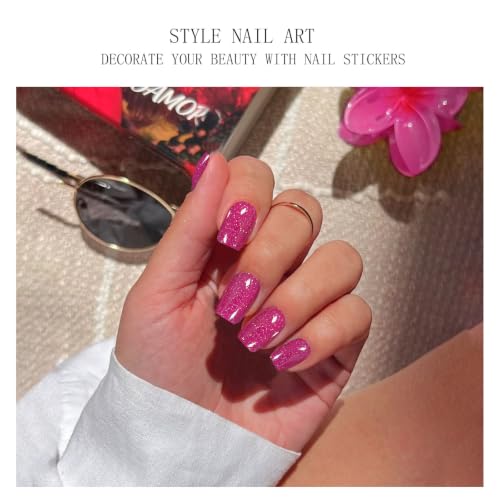 JMEOWIO Pink Glitter Semi Cured Gel Nail Art Stickers - 20 Strips