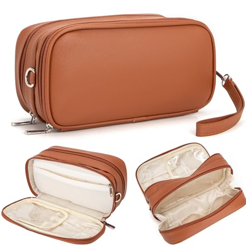 Brown Makeup Bag for Women - Waterproof Organizer with Brush Holder