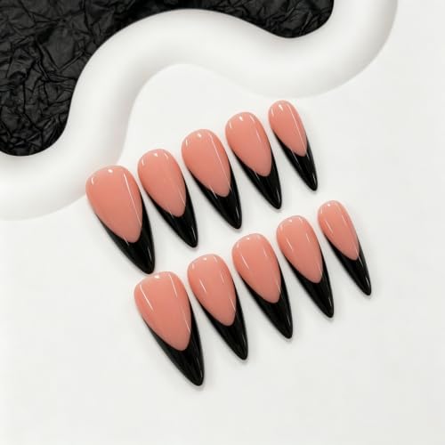 Handmade Long Stiletto Press-On Nails - Glossy Black French Tip Design