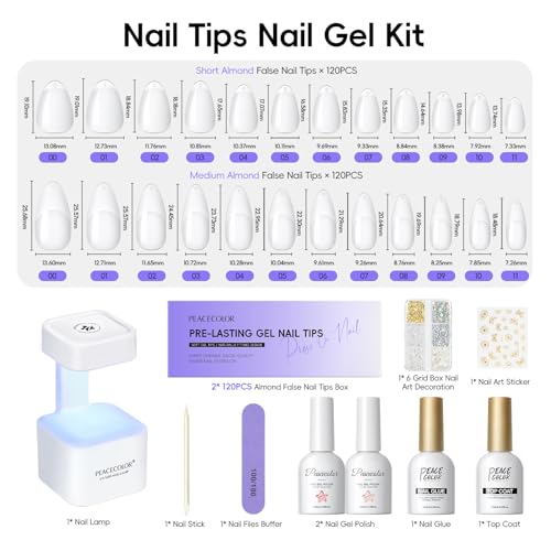 PEACECOLOR Short Medium Almond Gel Nail Tips Kit with 240pcs & Nail Art Supplies