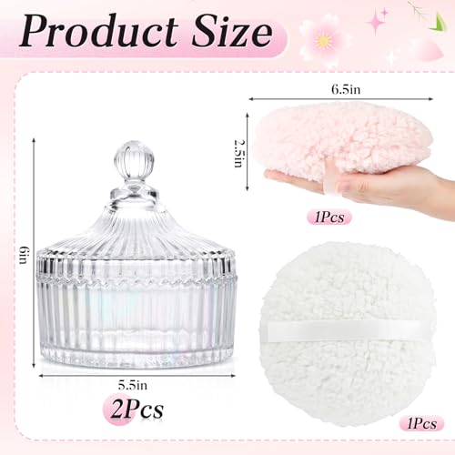 Pink & White Body Powder Puff Set with Glass Container - 6.5in