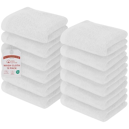 RIVERSIDE 12 Pack White Washcloths Set 12x12 Inches – Soft, Absorbent, Hotel-Quality Cotton