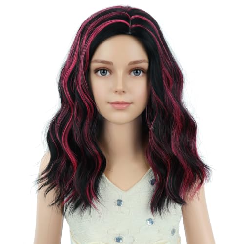 PATTNIUM Kids Black & Hot Pink Short Curly Wavy Wig - Shoulder Length, Heat-Resistant Synthetic Cosplay Costume Hair