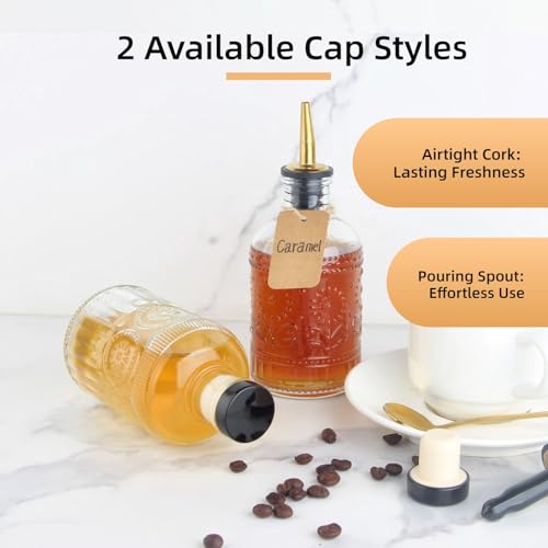 Glass Syrup Dispenser Bottles Set of 2 - 7 OZ with Pour Spouts & Labels