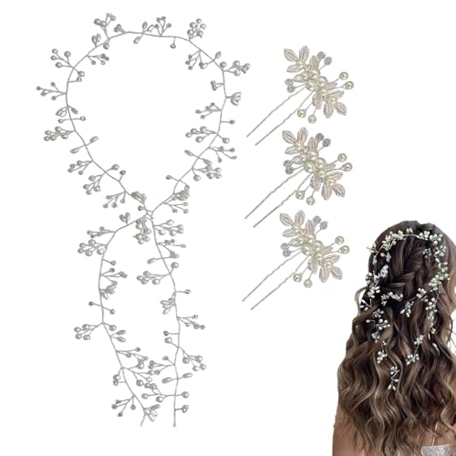 Naturahand Silver Wedding Crystal Hair Vine with Pearls for Bridal & Bridesmaids