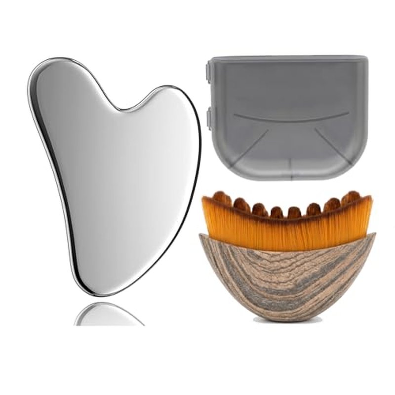 Stainless Steel Gua Sha Tool & Lymphatic Drainage Face Brush Set, Facial Massage Kit for Jawline Sculpting Puffiness Lifting Relaxation, Contour Face Brush with Storage Case for Women EDCBMB