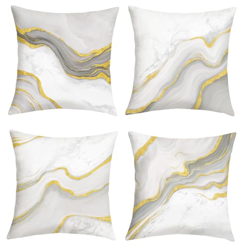 18x18 Velvet Throw Pillow Covers - Set of 4 Beige Grey Gold Marble