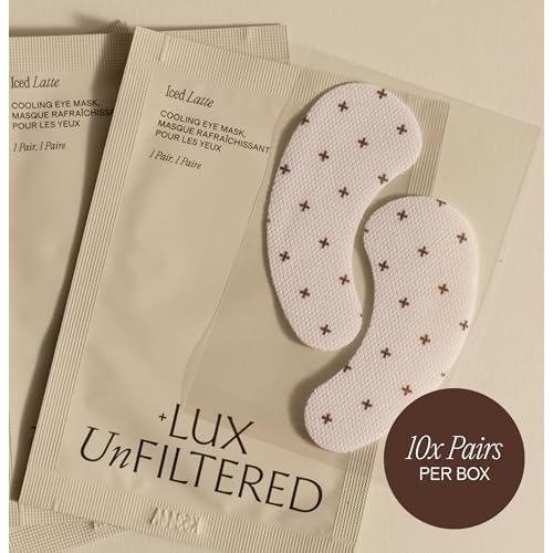 + Lux Unfiltered Iced Latte Cooling Under Eye Patches - Anti-Slip Caffeine Infused Korean Eye Mask - Reduces Puffiness, Brightens & Hydrates - Niacinamide & Hyaluronic Acid - Vegan - 10 Pairs