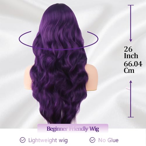 Purple 26 Inch Long Wavy Wig with Bangs - Heat Resistant Synthetic